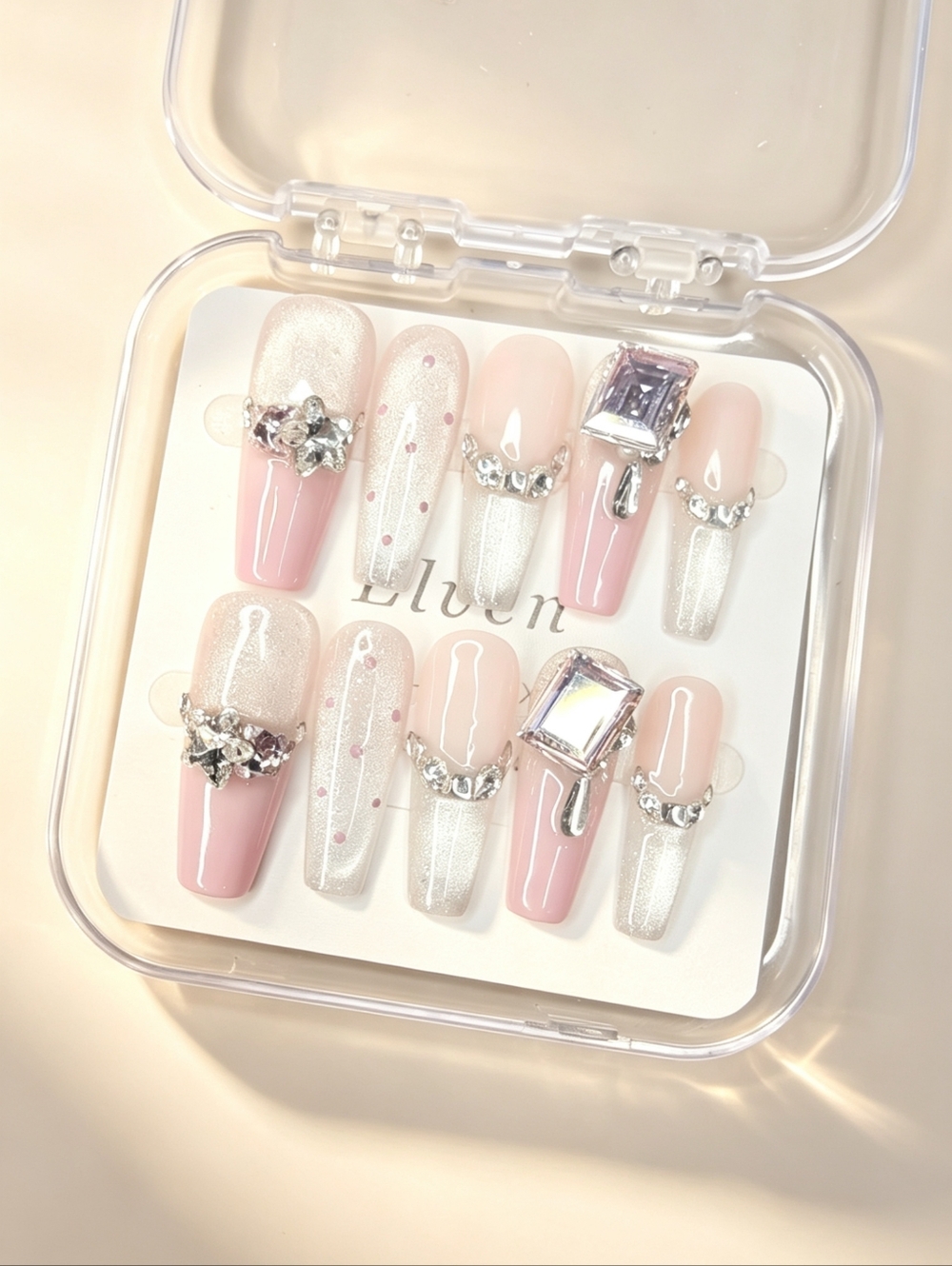 Pink Polka Dots And Silver Cat Eye With Rhinestone Long Coffin Press On Nails
